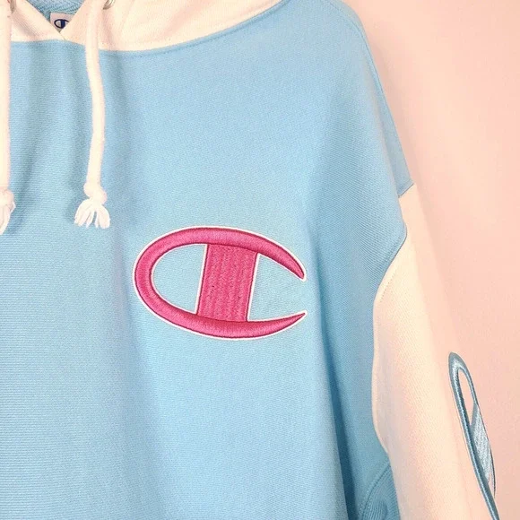 Champion Men Reverse Weave Color Block Hoodie MED Pink Blue White Bold Spell Out - Picture 7 of 12